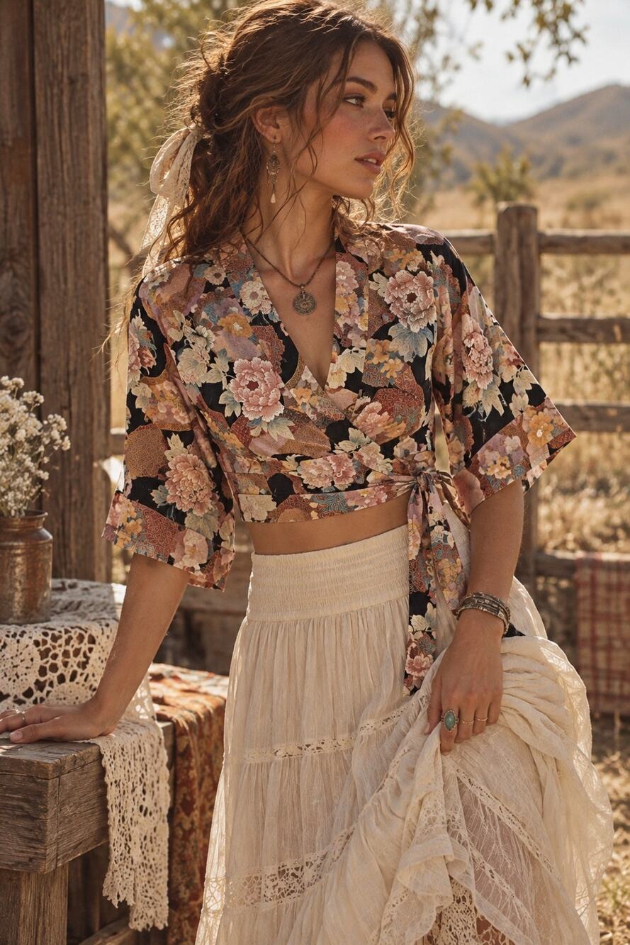 Vtg Floral Kimono Wrap Crop Top S M Chiyogami Geisha Print Bell Sleeve Goth Boho